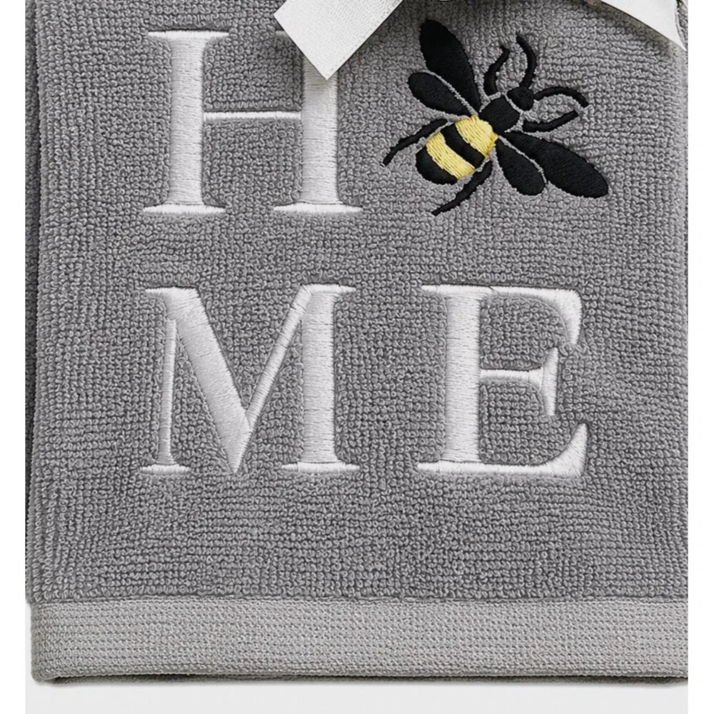 Bumble Bee Home Hand Towels Embroidered Bathroom Gray Shabby Chic Set of 2